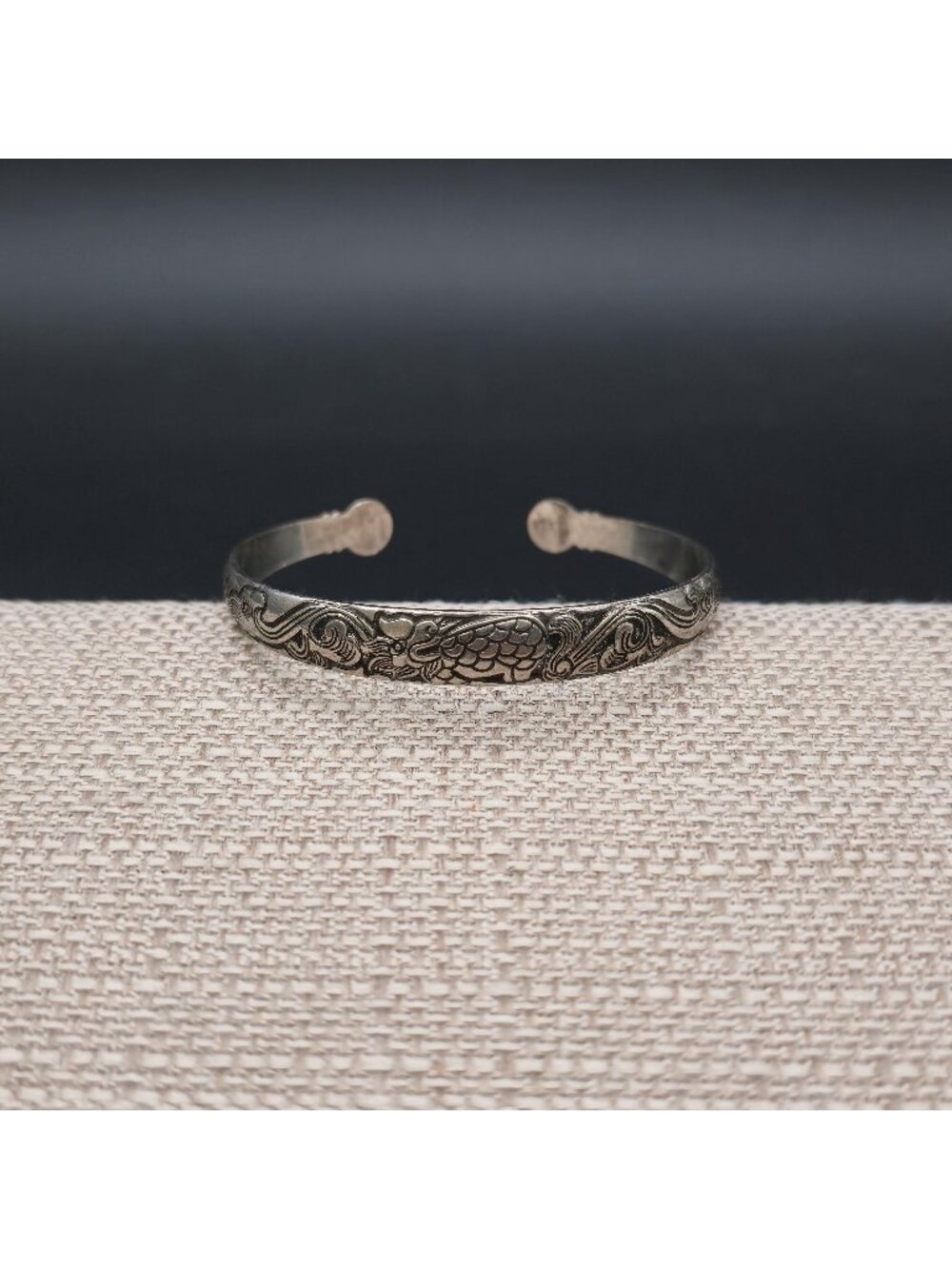 7.5 Inch Vintage Dragon Koi Fish Embossed Cuff Bangle Bracelet B1527